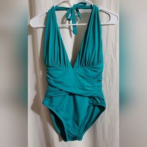 La Blanca Women's Size 6 Gemstone Blue Deep Plunge Criss Cross Front Swimsuit